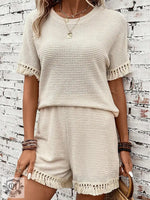 Short Sleeved Tassel Top & Shorts - S / Apricot - Clothing