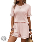 Short Sleeved Tassel Top & Shorts - S / Pink - Clothing