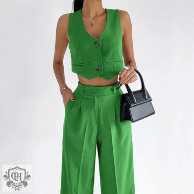 Short V-Neck Vest & Straight Leg Trousers - Clothing