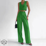 Short V-Neck Vest & Straight Leg Trousers - S / Green - Clothing