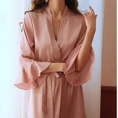 Sexy Pajamas Sexy Artificial Silk Lotus Leaf Cuff Cardigan Outerwear Gown Nightgown - Quality Home Clothing| Beauty