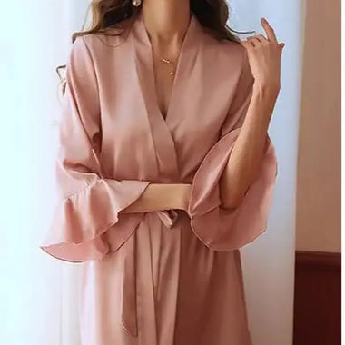 Sexy Pajamas Sexy Artificial Silk Lotus Leaf Cuff Cardigan Outerwear Gown Nightgown - Quality Home Clothing| Beauty