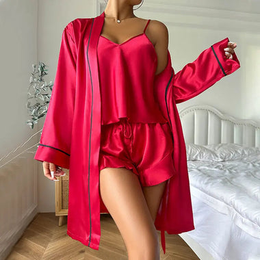 Ice Silk Pajamas Women Suspender Shorts Nightgown Three Piece Summer Comfortable Outerwear Homewear - Quality Home Clothing| Beauty