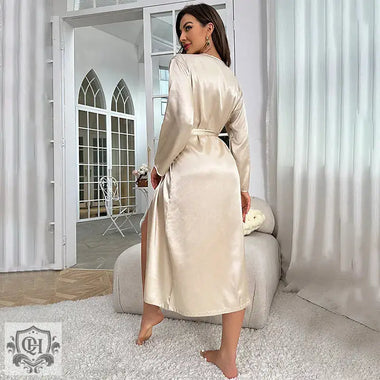 Summer Sexy Emulation Silk Nightgown Women Long Sleeve Long Tie Bathrobe Morning Gowns Casual Homewear - Quality Home Clothing| Beauty