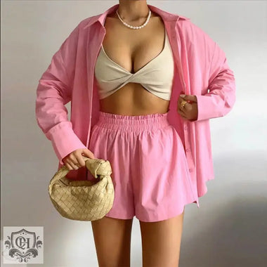 Single Breasted Collared Shirt Shorts Loose Casual Two Piece Suit Women - Quality Home Clothing| Beauty