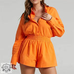 Spring Summer Two Piece Set Solid Color Single Breasted Long Sleeve Collared Shirt Shorts Loose Casual Set - Quality Home Clothing| Beauty