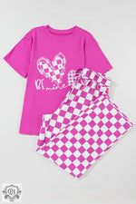 Pink and white checkered pajama set with Christmas tree graphic t-shirt for relax relax