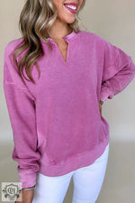 Skobeloff Solid Color Notched Neck Drop Shoulder Sweatshirt - Bright Pink / S / 65% Polyester + 35% Cotton