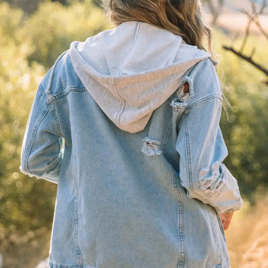 Relaxed style Sky Blue Button Closure Ripped Hooded Denim Jacket for bust and waist