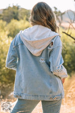 Relaxed style Sky Blue Button Closure Ripped Hooded Denim Jacket for bust and waist