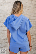 Sky Blue Casual Zipped Short Sleeve Hoodie and Shorts Set - Two Piece Sets/Short Sets