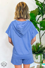 Sky Blue Casual Zipped Short Sleeve Hoodie and Shorts Set - Two Piece Sets/Short Sets