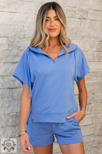 Sky Blue Casual Zipped Short Sleeve Hoodie and Shorts Set - Two Piece Sets/Short Sets