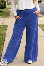 Sky Blue Corded Drawstring High Waist Pocket Plus Size Wide Leg Pants - Sky Blue / 1X / 75% Polyester + 20% Viscose