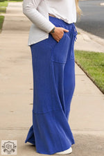 Sky Blue Corded Drawstring High Waist Pocket Plus Size Wide Leg Pants - Plus Size/Plus Size Bottoms