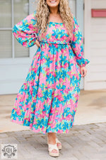 Sky Blue Floral Allover Print Shirred Square Neck Plus Size Maxi Dress for relax relax