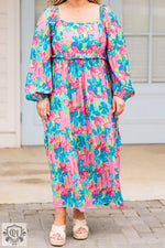 Sky Blue Floral Allover Print Shirred Square Neck Plus Size Maxi Dress for sizes bust waist