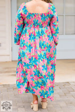 Sky Blue Floral Allover Print Shirred Square Neck Plus Size Maxi Dress for relaxed fit and comfort