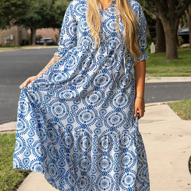 Sky Blue Geometric Print Lace-up Notch Neck Plus Size Maxi Dress for a relaxed style