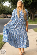 Sky Blue Geometric Print Lace-up Notch Neck Plus Size Maxi Dress for a relaxed style