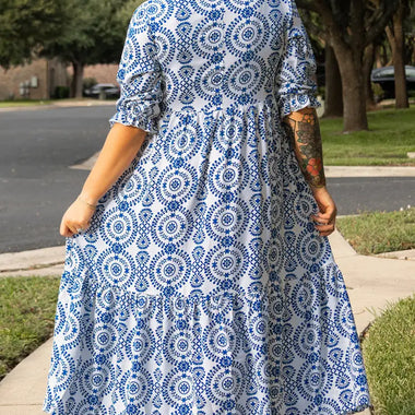 Blue and white patterned dress from Sky Blue Geometric Print Lace-up Notch Neck Plus Size Maxi Dress