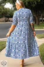 Blue and white patterned dress from Sky Blue Geometric Print Lace-up Notch Neck Plus Size Maxi Dress