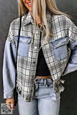 Sky Blue Plaid Patchwork Fringed Flap Pockets Denim Jacket - Outerwear/Denim jackets