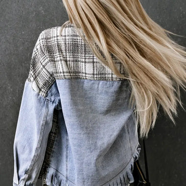 Sky Blue Plaid Patchwork Fringed Flap Pockets Denim Jacket - Outerwear/Denim jackets