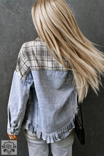 Sky Blue Plaid Patchwork Fringed Flap Pockets Denim Jacket - Outerwear/Denim jackets