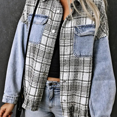 Sky Blue Plaid Patchwork Fringed Flap Pockets Denim Jacket - Sky Blue / S / 79% Cotton + 21% Polyester