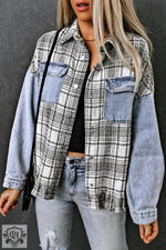 Sky Blue Plaid Patchwork Fringed Flap Pockets Denim Jacket - Sky Blue / S / 79% Cotton + 21% Polyester