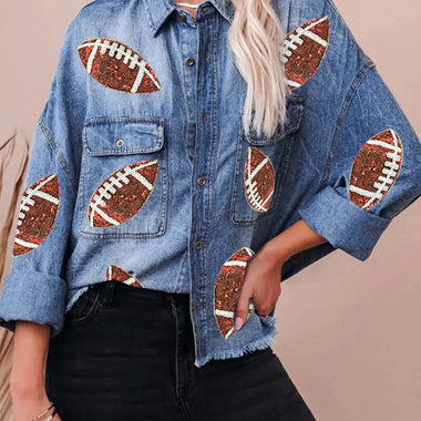 Sky Blue Sequin Rugby Football Graphic Flap Pockets Raw Hem Game Day Denim Jacket - Sky Blue / S / 82% Cotton + 10%