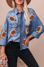 Sky Blue Sequin Rugby Football Graphic Flap Pockets Raw Hem Game Day Denim Jacket - Sky Blue / S / 82% Cotton + 10%