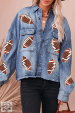 Sky Blue Sequin Rugby Football Graphic Flap Pockets Raw Hem Game Day Denim Jacket - Outerwear/Denim jackets