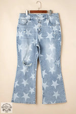 Sky Blue Star Printed Multi Buttons Slit Knee Destroyed Plus Size Jeans - Plus Size/Plus Size Bottoms