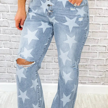 Sky Blue Star Printed Multi Buttons Slit Knee Destroyed Plus Size Jeans - Sky Blue / 1X / 72% Cotton + 26% Polyester