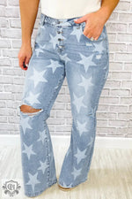 Sky Blue Star Printed Multi Buttons Slit Knee Destroyed Plus Size Jeans - Sky Blue / 1X / 72% Cotton + 26% Polyester