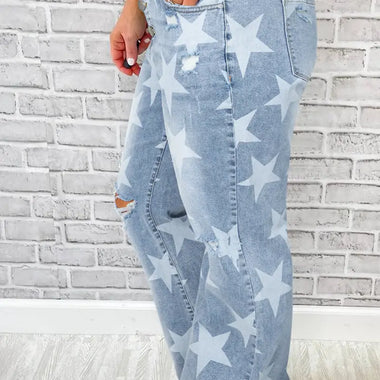 Sky Blue Star Printed Multi Buttons Slit Knee Destroyed Plus Size Jeans - Plus Size/Plus Size Bottoms