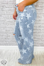 Sky Blue Star Printed Multi Buttons Slit Knee Destroyed Plus Size Jeans - Plus Size/Plus Size Bottoms