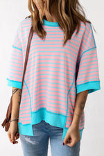 Striped pink and turquoise oversized t-shirt with contrast trim for relaxed, stylish looks