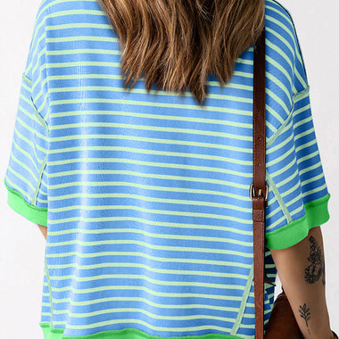 Sky Blue Stripe Oversized T-Shirt with Green Trim, sizes for relaxed fit and style