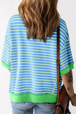 Sky Blue Stripe Oversized T-Shirt with Green Trim, sizes for relaxed fit and style