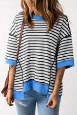 Striped black and white t-shirt with blue trim, perfect for casual relax wear in various sizes