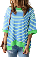 Sky Blue Stripe Oversized T-Shirt with Green Trim, Sizes Bust Hem for Relaxed Style