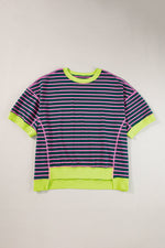 Striped navy and pink t-shirt with neon yellow trim, perfect for relaxed styles in all sizes