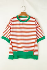 Red and white striped t-shirt with green trim, perfect for relaxed casual outfits