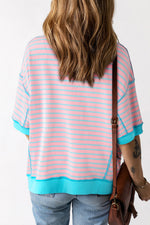 Pink and turquoise striped short-sleeve sweatshirt with contrasting cuffs for casual relax relax