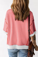 Pink and gray striped oversized t-shirt with white trim in sizes bust hem for relax relax