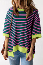 Striped navy and pink t-shirt with neon yellow trim, perfect for relax relax style