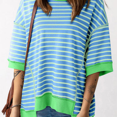 Blue and white striped oversized t-shirt with green trim, ideal for relaxed styling and comfort